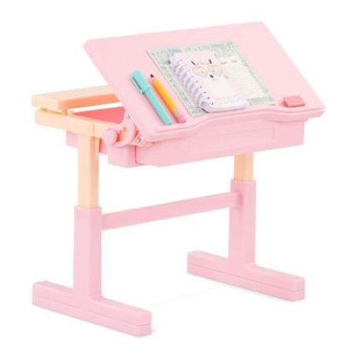 Stylish desk set for 18-inch dolls, includes desk, chair, stationery, laptop, and accessories for imaginative study play.