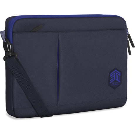 Blue STM Blazer 2023 laptop sleeve for MacBook Pro/Air 13"-14", water-resistant with adjustable strap and external pocket.