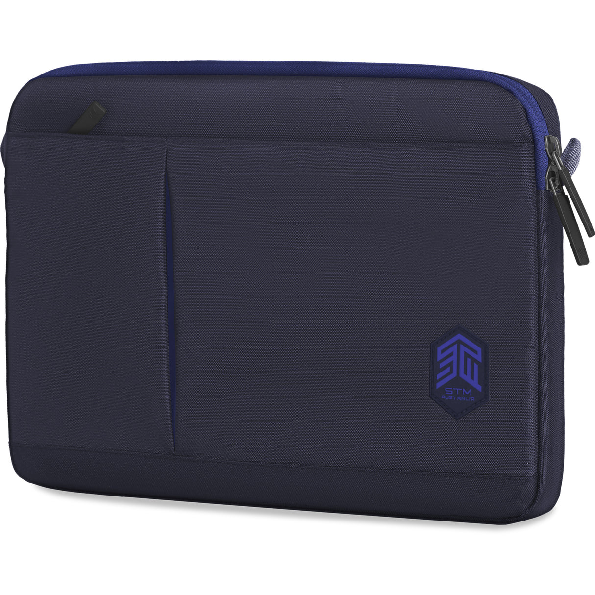 Blue STM Blazer 2023 laptop sleeve for MacBook Pro/Air 13"-14", water-resistant with adjustable strap and external pocket.