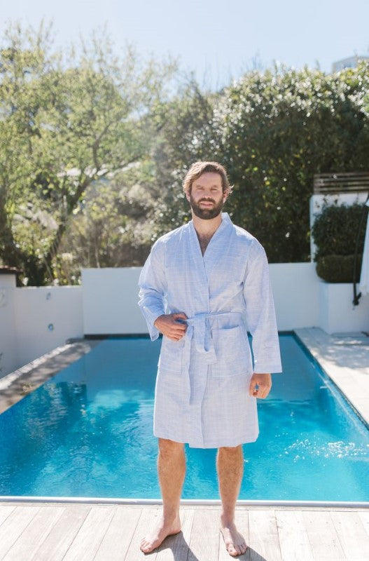 Light blue checkered BAKSANA James robe (L/XL) with kimono style, pockets, waist tie, and OEKO-TEX® certification.