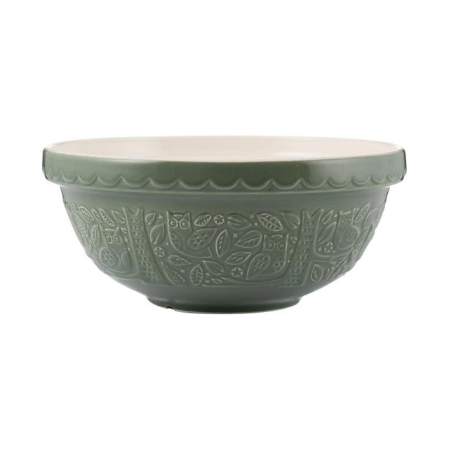 Mason Cash green mixing bowl, 26cm, featuring embossed hedgehogs and forest scenes, durable stoneware for baking and serving.