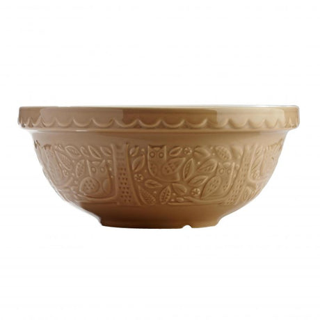 Mason Cash 26cm mixing bowl in stone with woodland owl designs, ideal for baking and crafted from durable earthenware.