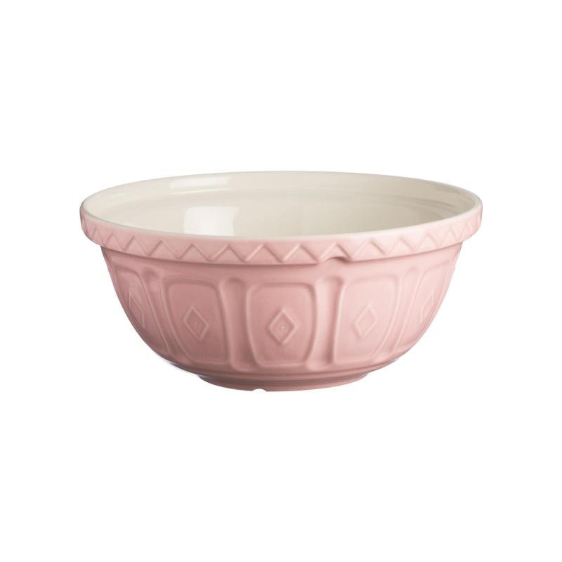 Mason Cash pink mixing bowl, 26cm, features a patterned exterior, durable earthenware, and a 2.7L capacity for versatile baking.