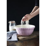 Mason Cash 26cm pink mixing bowl with patterned exterior, ideal for baking, durable, and stylish for kitchen decor.