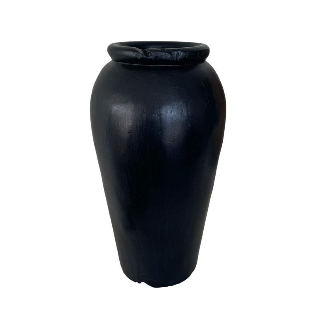 Organic Teak Yakisugi Vase in black, 35cm tall, perfect for fresh or dried flowers, showcasing craftsmanship and sustainability.