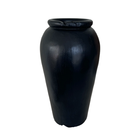 Organic Teak Yakisugi Vase in black, 35cm tall, perfect for fresh or dried flowers, showcasing craftsmanship and sustainability.