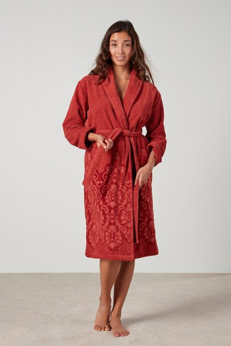 Clay jacquard floral robe with shawl collar, pockets, waist tie, and made from certified cotton velour, size S/M.