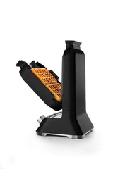 Sunbeam black vertical waffle maker with LCD timer, 5 shade settings, and easy-fill funnel for perfect homemade waffles.