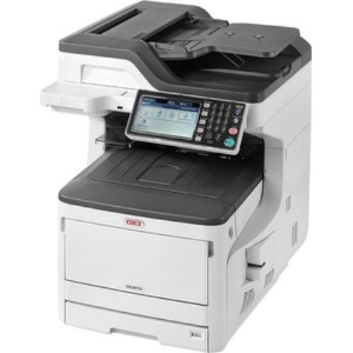 Oki MC873DN LED multifunction printer, a 4-in-1 colour A3 device with high-speed printing, scanning, copying, and faxing.