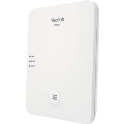 Yealink W80B DECT multi-cell system supporting 100 handsets with seamless call handover and stylish pearl white design.