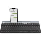 Logitech K580 Slim Multi-Device Wireless Keyboard with minimalist design, Easy-Switch technology, and phone cradle for multitasking.