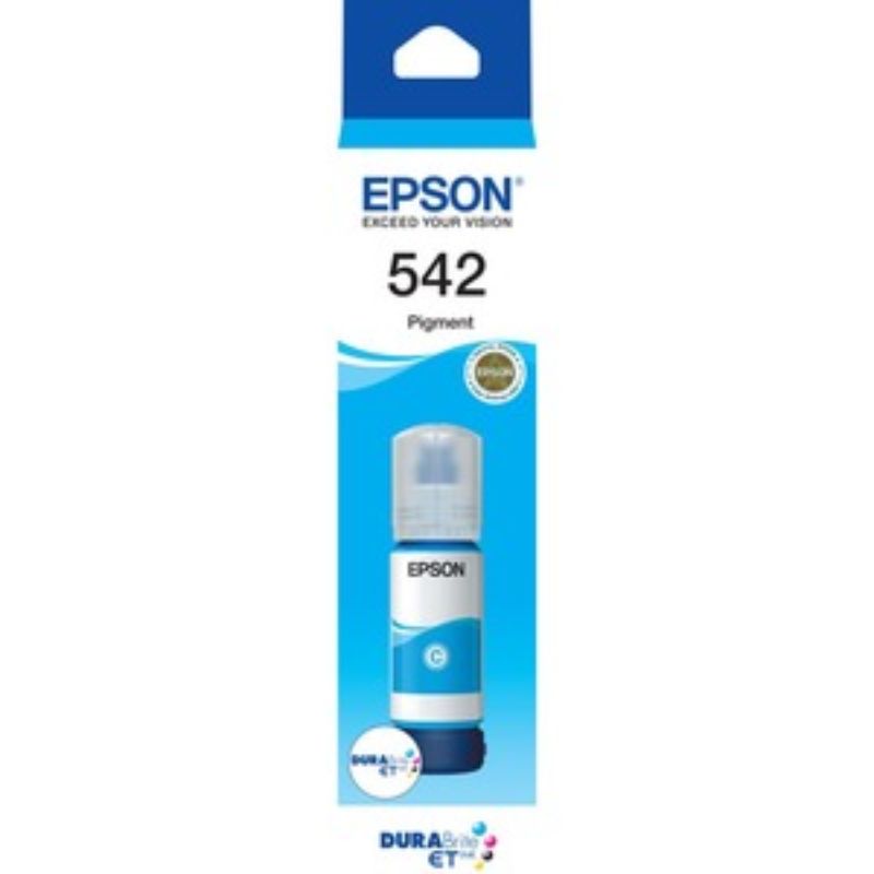 T542 DURABRITE ECOTANK cyan ink bottle for Epson printers, offering vibrant colors and high page yield for eco-friendly printing.