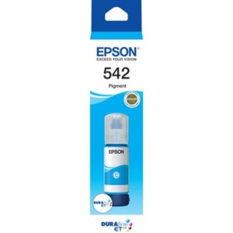 T542 DURABRITE ECOTANK cyan ink bottle for Epson printers, offering vibrant colors and high page yield for eco-friendly printing.