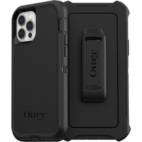 Heavy-duty black OtterBox DEFENDER case for iPhone 12/12 Pro with multi-layer protection and dual-purpose holster.