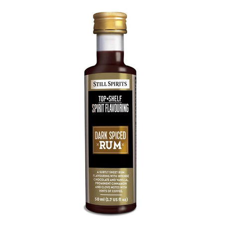 Flavour essence bottle for dark spiced rum, featuring chocolate, vanilla, cinnamon, clove, and coffee notes.