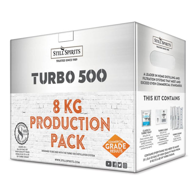 Still Spirits Turbo Production Pack (8kg) for home distillation, includes yeast, Turbo Clear, and sugar for 26L wash.