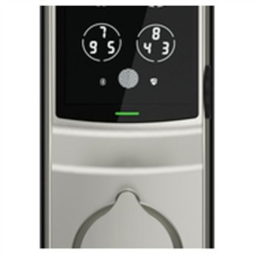 Lockly Secure Plus smart deadbolt with fingerprint access, touchscreen, satin nickel finish, and DIY installation.