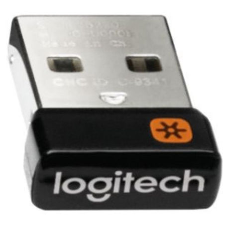 Compact Logitech USB Unifying Receiver connects up to six devices wirelessly, reducing clutter and enhancing productivity.