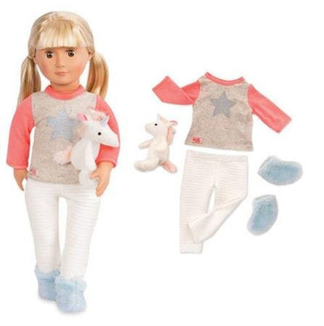 Unicorn-themed pajama outfit for 18-inch dolls, featuring top, bottoms, socks, and a plush unicorn for imaginative play.