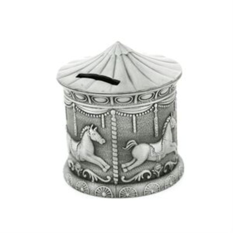 Pewter plate carousel money bank (10cm) featuring intricate designs, perfect for saving coins and enhancing decor.