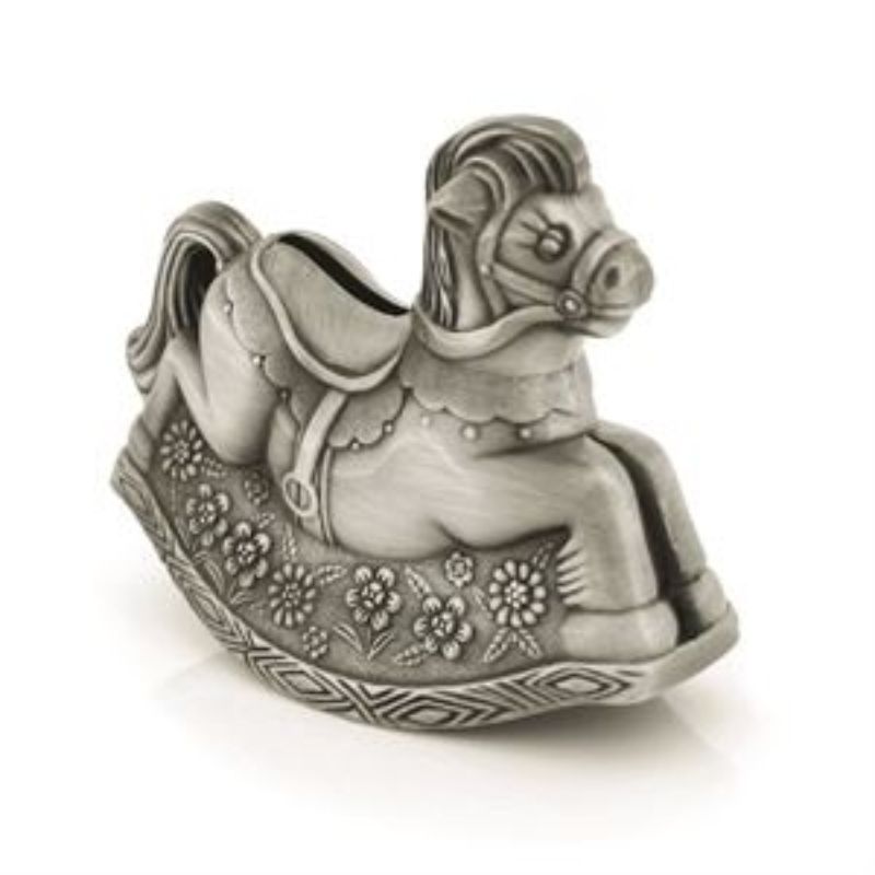 Alt text: Elegant 10cm pewter plate money bank shaped like a rocking horse, perfect for saving and nursery decor.