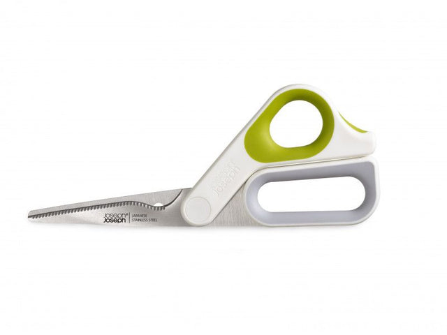 Joseph Joseph PowerGrip kitchen scissors with ergonomic design, serrated blades, herb stripper, and easy-clean separating feature.