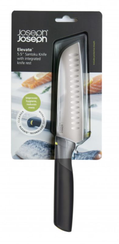 Joseph Joseph Elevate 5.5" Santoku Knife featuring ergonomic handle, Japanese stainless steel blade, and hygienic tool rest.