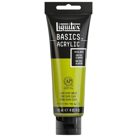 LIQUITEX BASICS ACRYLIC PAINT 118ml in Light Olive Green, featuring creamy consistency, rich pigmentation, and medium viscosity for artists.