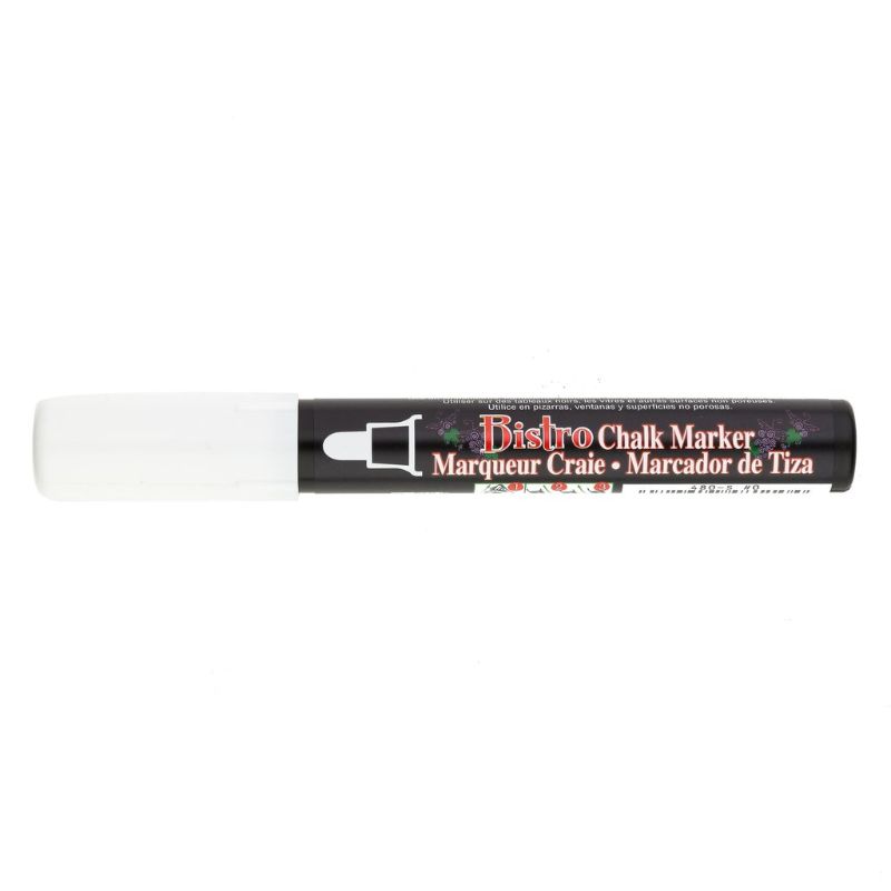 Marvy Bistro Chalk Marker in White, 0.5mm bullet tip for vibrant displays on non-porous surfaces, easy to wipe clean.