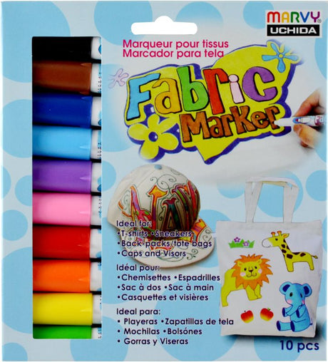 Set of 10 Marvy Fabric Markers with conic tips for vibrant, durable fabric art without the need for ironing.