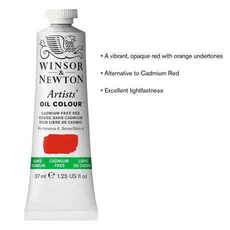 Cadmium-free red oil paint in a 37ml tube, known for vibrancy, lightfastness, and quality mixing capabilities.