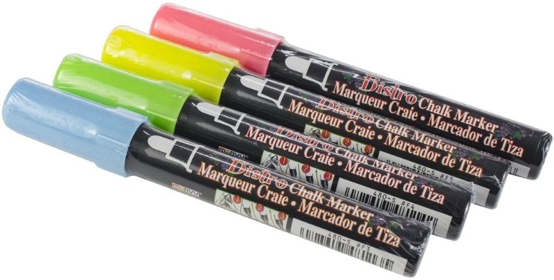 Set of 4 Marvy Bistro Chalk Markers in fluro colors, featuring a chisel tip for versatile, vibrant non-porous surface art.