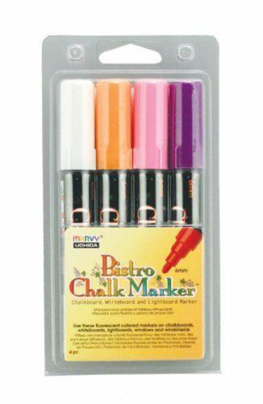 Set of 4 vibrant fluro bistro chalk markers with chisel tips for versatile, erasable chalkboard art on non-porous surfaces.