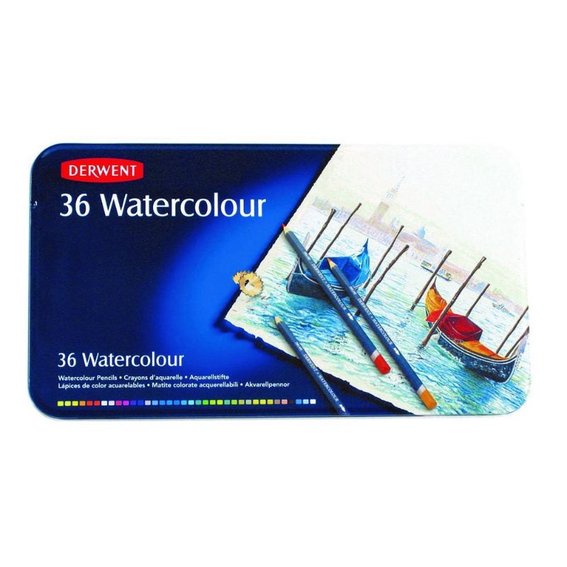 Derwent Watercolour Pencil Tin of 36 featuring vibrant, blendable colors for versatile watercolor art creation.