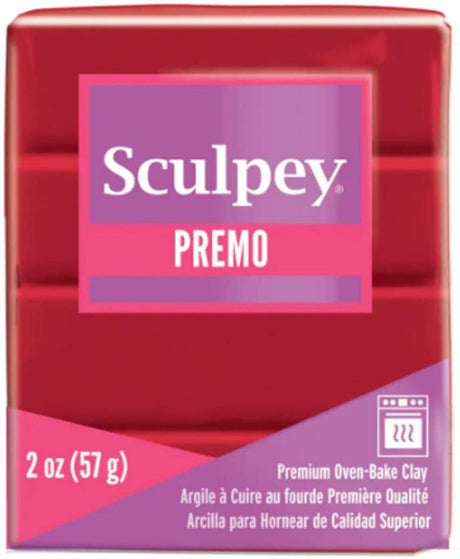 Sculpey Premo oven-bake clay in vibrant Pomegranate hue, ideal for intricate sculptures and jewelry making.