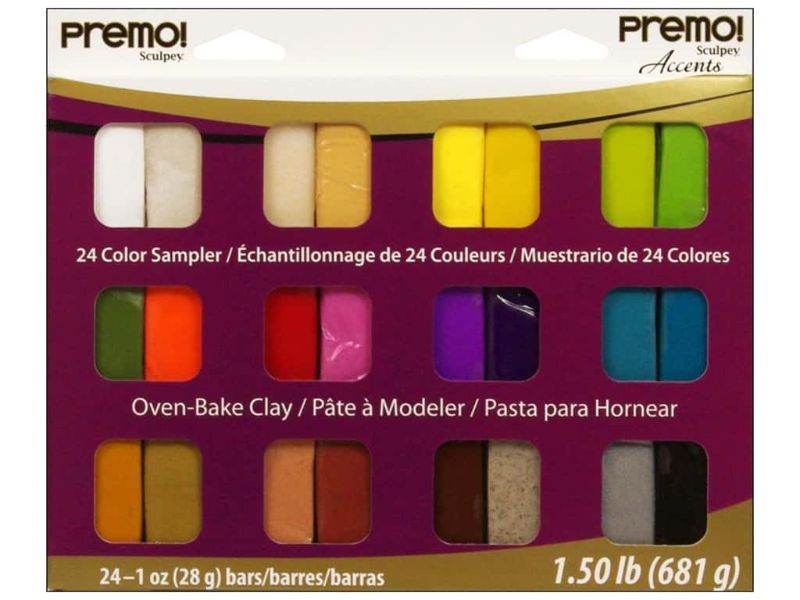 Colorful SCULPEY PREMO Polymer Clay Sampler Set of 24 with vibrant hues for crafting intricate designs and durable creations.