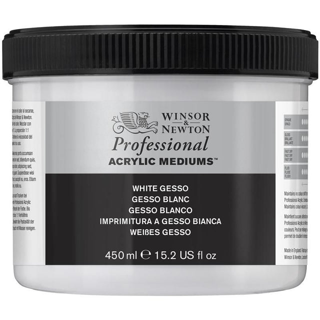 Premium Winsor & Newton Professional White Gesso for versatile, flexible painting surfaces with excellent tooth and absorbency.