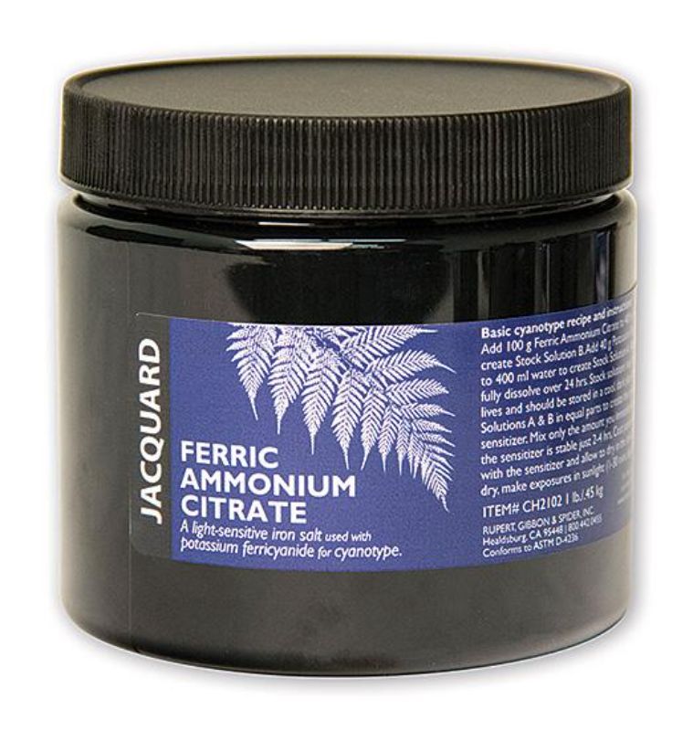 Light-sensitive iron salt for cyanotype printing on natural fibers, creating stunning 19th-century style cyan-blue prints.