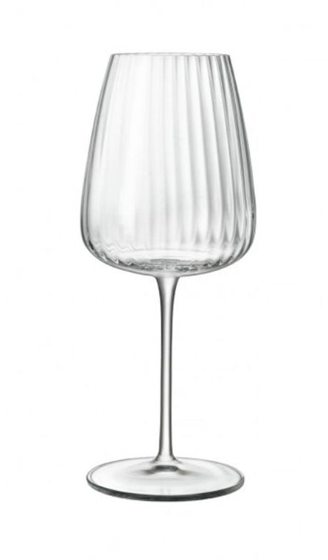 Elegant 550ml Chardonnay glasses with ribbed design, durable lead-free crystal, perfect for enhancing wine experiences. Set of 4.