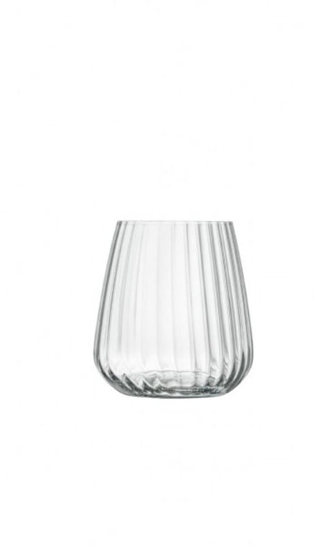 Set of four elegant 450ml stemless glasses with ribbed design, made from durable lead-free crystal glass, perfect for drinks.