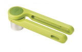 Joseph Joseph Helix Garlic Press with ergonomic horizontal squeezing and durable stainless steel for easy garlic crushing.