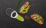 Avocado tool for easy cutting, de-stoning, and slicing, featuring a folding blade and ergonomic handle for comfortable use.