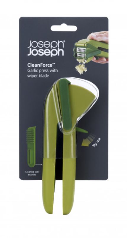 Joseph Joseph Cleanforce Garlic Press with ergonomic design, easy-squeeze mechanism, and built-in wiper blade for effortless garlic prep.