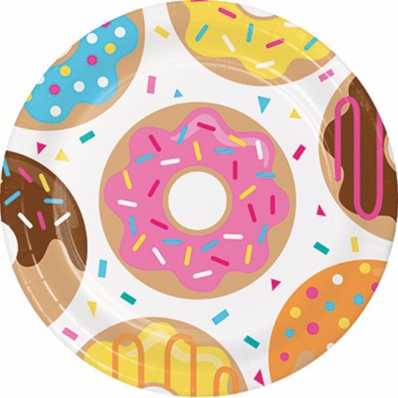 Colorful Donut Time Dinner Plates in a pack of 8, perfect for serving snacks and sweets at parties and celebrations.