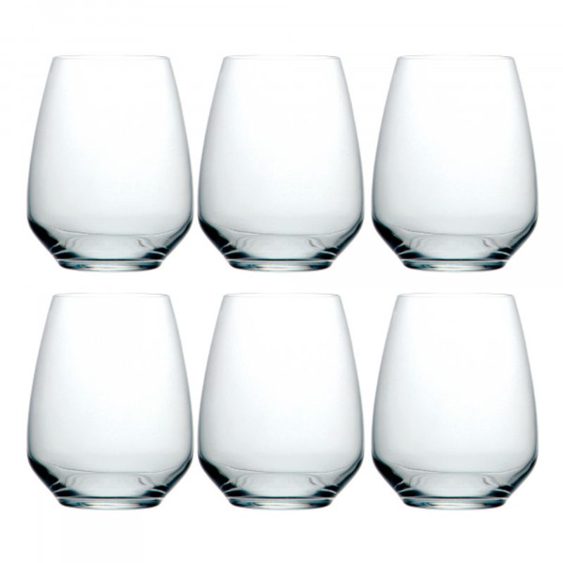 Set of 6 Luigi Bormioli Atelier stemless Riesling glasses, 400ml, with angular design for aroma diffusion, made from durable lead-free crystal.