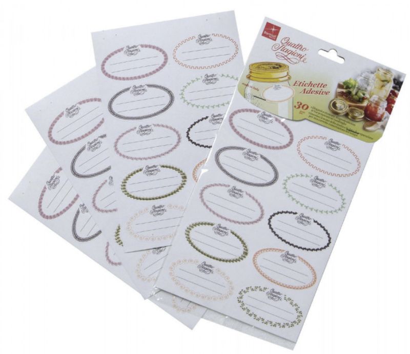 Vintage-inspired adhesive labels for home canning, featuring colorful frames to personalize jars and identify contents.
