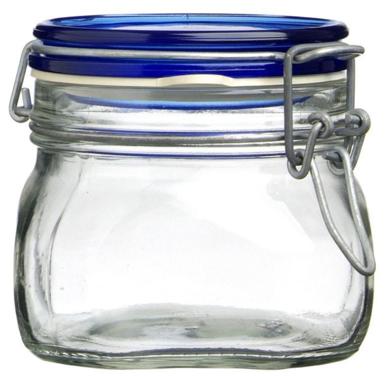 Set of 12 Bormioli Rocco Fido Jars in blue, 500ml each, featuring airtight seals for fresh storage of dry goods and treats.