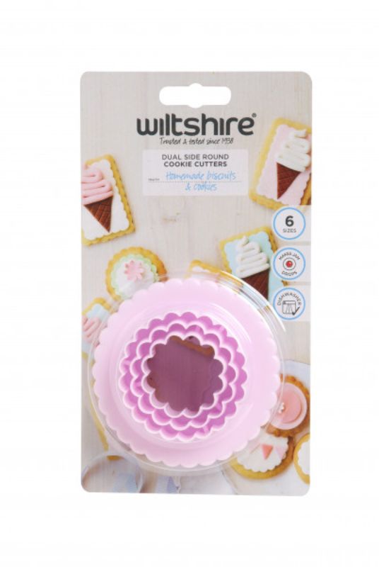 Set of 3 pink round cookie cutters with dual-sided design, featuring 6 sizes each for versatile baking and easy stacking.