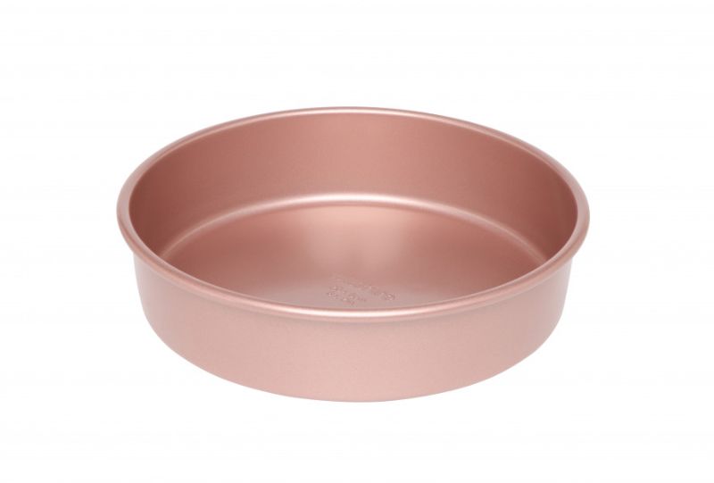 Rose gold 20cm round cake pan with non-stick surface, perfect for even baking and easy cake release, ideal for layered cakes.