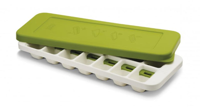 Joseph Joseph Quicksnap Plus Green ice tray with flexible lid, innovative switch mechanism, and capacity for 14 ice cubes.